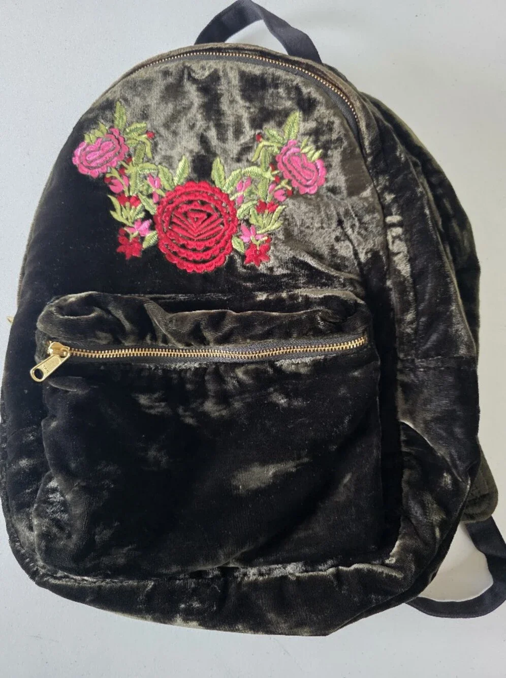 World Market Velvet Backpack Floral Embroidery Zip Pockets Plush Wearable Art